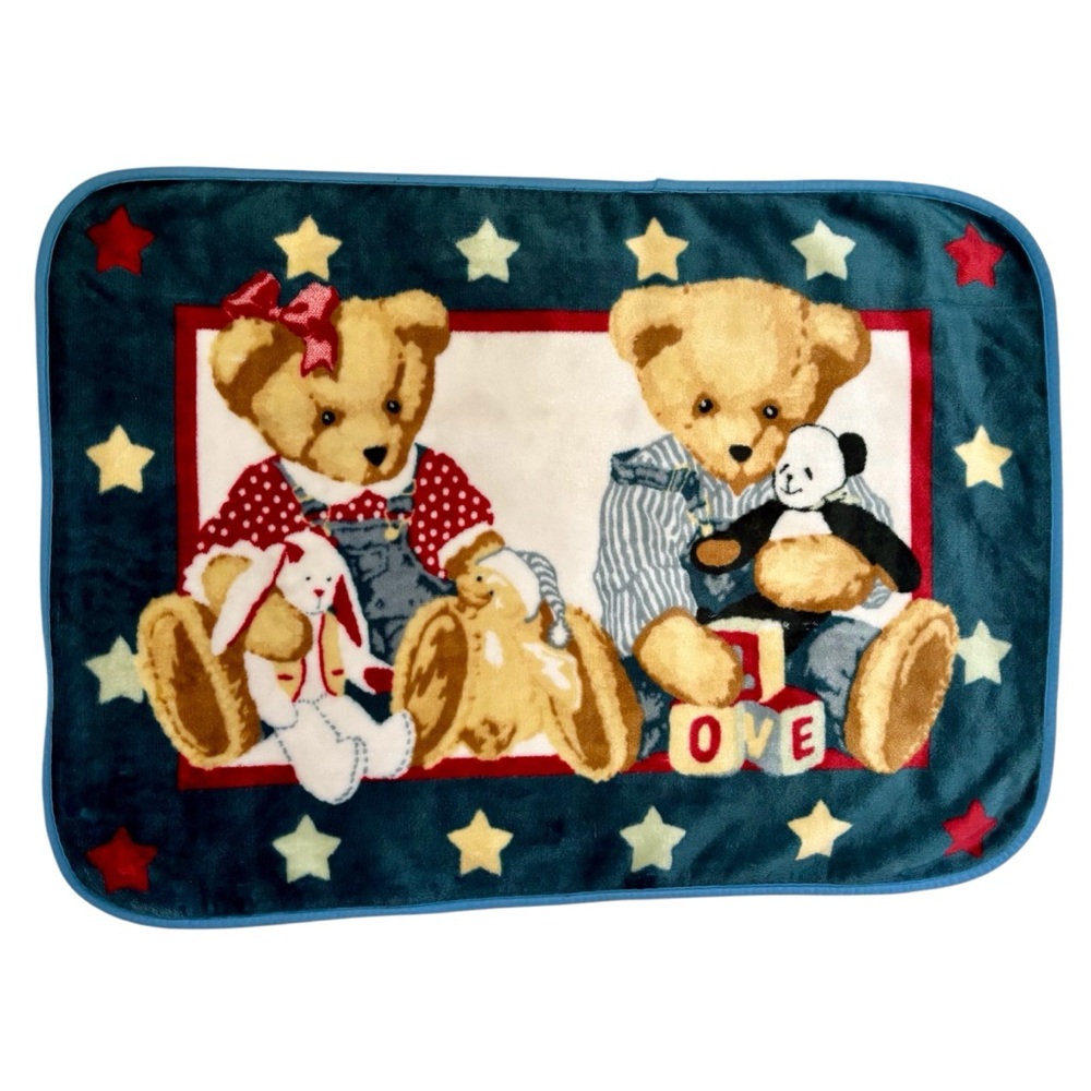 Blue Jean Teddy BJT Springmaid Girl Boy Bears Star Love Blocks Blanket Blue READ